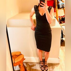 Ted Baker - Black Satin Formal Bodycon Dress - Embellished Sleeves - Midi - Sz 0